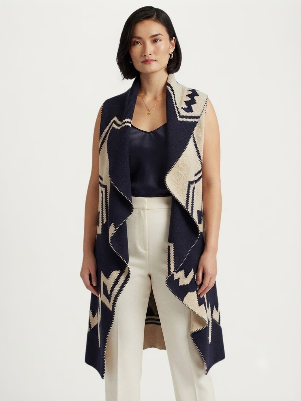 Southwestern Open Front Draped Knit Cardigan Geometric Pattern Duster Sz. 1X